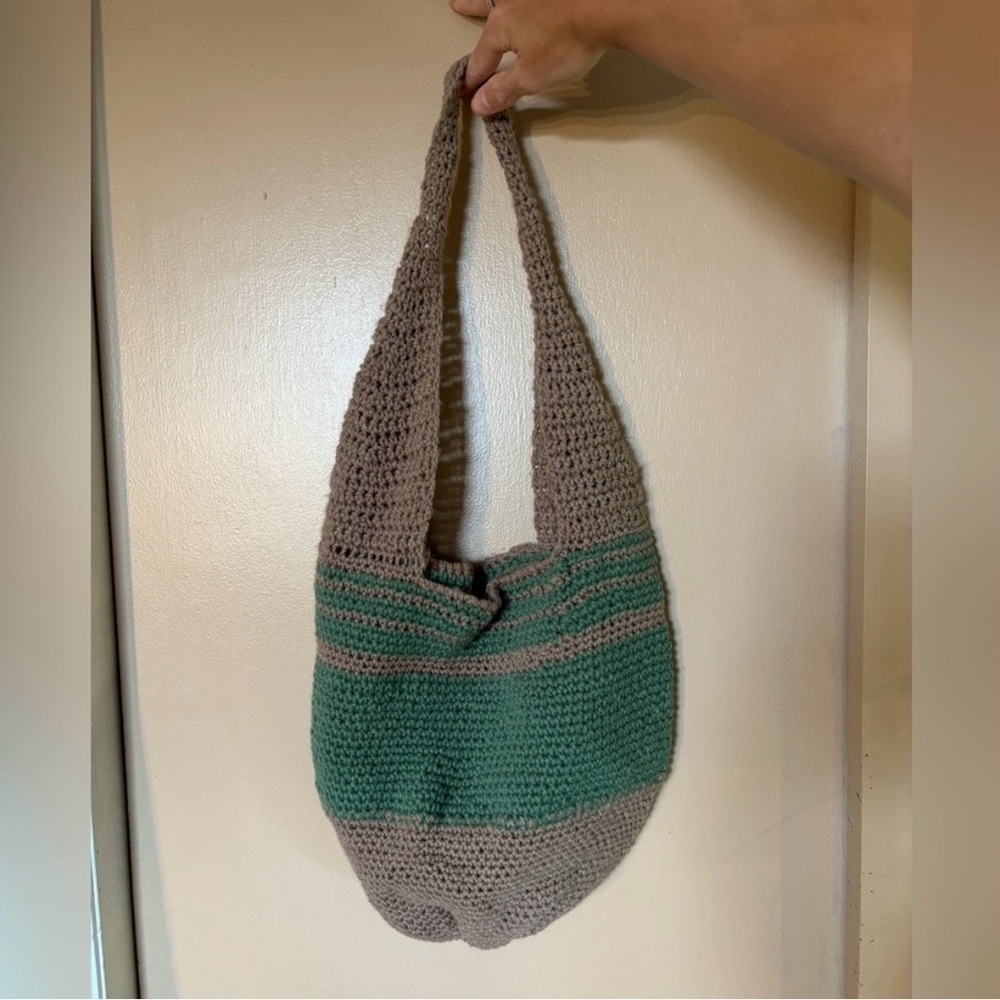 Handmade crochet beige & green knitted bucket bag